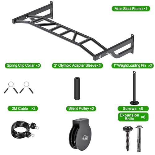SELEWARE 48'' Heavy Duty Wall Mount Pull Up Bar with Cable Pulley System | Multi-function Chin up Bar with Cable Pulleys LAT Pulldown Attachments Heavy Bag Hanger for Home/Garage Gym Strength Training - color: C. Black Pull Up Bar with Cable Pulley System