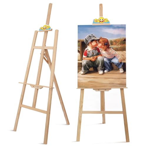 Smiley Wooden Easel for Painting, Wedding Signs & Display, Adjustable | Adjustable foldable wooden easel for painting canvas. Sturdy A-frame pine stand for wedding signs, displays & studio use. - color: Primary Colour