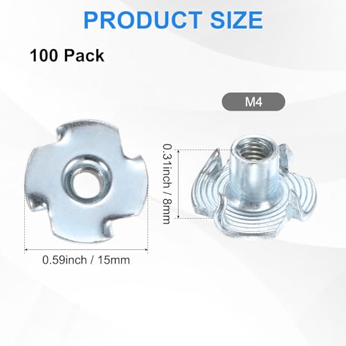 M METERXITY 100-Pack M4x8mm T-nut, 4-Pronged Tee Nut Threaded Insert | Carbon Steel, for Wood, Rock Climbing Holds, Furniture, Corrosion Resistant Fasteners - size: M4x8mm