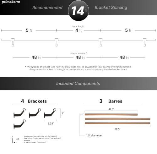 Wall-Mounted Ballet Barre for Home Dance, Exercise, Fitness, Stretching - Made in USA - size: 14 ft