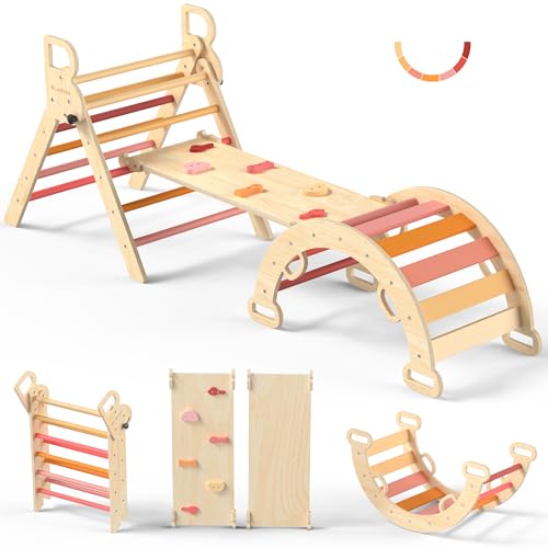 BlueWood Pikler Triangle Set, Toddler Climbing Toys Indoor 7in1 Foldable | Wooden Climber for Kids, Montessori Philosophy Play Jungle Gym with Arch, Ramp, Ladder (Farm Charm Autumn) - color: Farm Charm Autumn