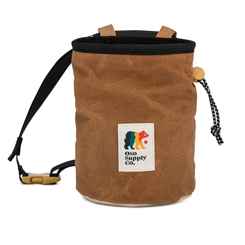 Oso Supply Co - Waxed Canvas Chalk Bag - Zipper Pocket & Mesh Pouch for Bouldering, Rock Climbing, Gym, Weightlifting – Water-Resistant, Adjustable Belt, Wide Opening - color: Chestnut Brown / Khaki