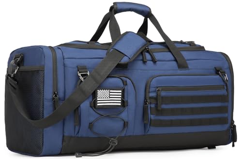 50L Tactical Gym Bag for Men and Women with Shoe & Laptop Compartment | Extra Large Duffle Bag, 3-in-1 Travel Sports Duffel Bags MOLLE Weekender Overnight Bag for Gym, Travel, Black+ Blue - color: Black+Blue