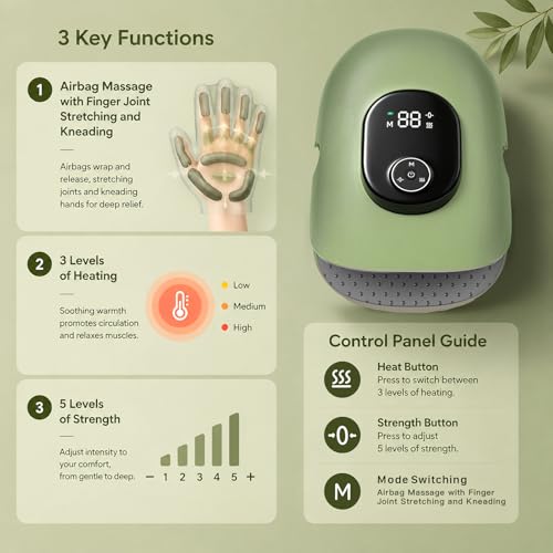 Hand Massager with Heat and Compression, Finger Stretch&Knuckle Stretching, 4 Massage & 5 Compression & 3 Temperatures Modes, Gifts for Women Men (Green) - color: Green26