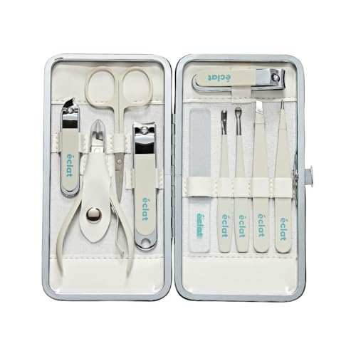 Éclat Manicure Pedicure Kit for Men & Women, 10Pcs Finger & Toe Nail Care Tools Includes Nail Clipper Cutter, Tweezer, File, Cuticle Pusher, Personal Care Professional Grooming Set With Travel Case - color: Medium Mani+pedi Set (10pc Cream)