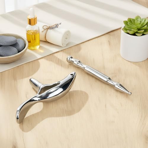 2 Pcs Trigger Massage Tool Acupuncture Pen Gua Sha Massage Scraping Tool Manual Reflexology Body Point Deep Tissue Muscle Scraper Massager for Head Neck Hand Waist Calf Foot(Silver,Large) - color: Silver, size: Large