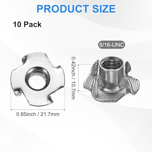 M METERXITY 10-Pack 5/16-UNC T-nut, 3/8" Barrel Length Stainless Steel 4-Pronged Tee Nut Threaded Insert for Wood/Rock Climbing Holds/Furniture, Corrosion Resistant Fasteners - size: 5/16-UNC