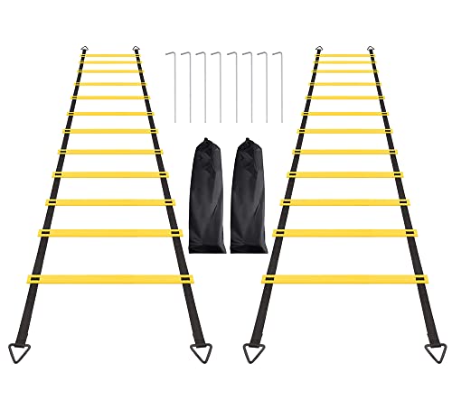 12 Rungs Agility Ladder Set, Training Ladder with Steel Stakes and Carry Bag for Soccer, Speed Fitness Feet Training - color: 2 Pack-Yellow