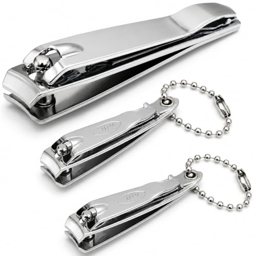 3-Pack Nail Clippers Set for Fingernails & Thick Toenails, Sharp Stainless Steel Nail Cutter Kit with Nail File, Heavy Duty Toenail Clippers for Men, Women, Seniors, Travel Grooming Set (A)