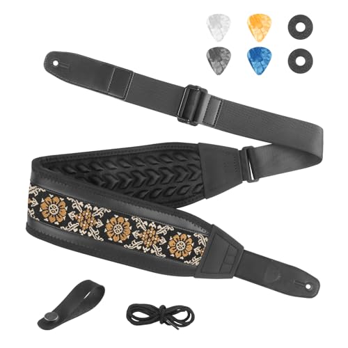 Bass Guitar Strap, Jacquard Embroidery Guitar Strap with Head Cowhide Leather End for Bass, Electric & Acoustic Guitars, Come with Complete Accessories, Comfortable and Intimate, Elegant Yellow Flower - color: Elegant Yellow Flower