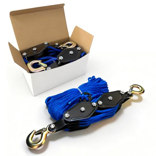 YATOINTO Rope Hoist Pulley System, 4400LB Pulley Block and Tackle, 8:1 Ratio Lifting Power 65ft, Heavy Duty Pulley Block for Hunting Lifting Heavy Objects Garage Warehouses Building (Blue) - color: Blue(Powder Coating)