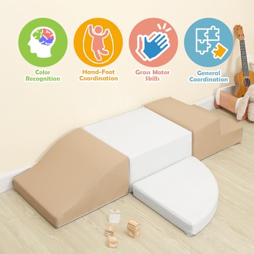 TODIBY 4-Piece Soft PU Leather Toddlers Climbing Toys, Baby Foam Climbing Blocks for Toddlers 3, Foam Play Gym Climbing Structures, Indoor Climb and Crawl Activity Play Set (White and Coffee) - style: White/Coffee