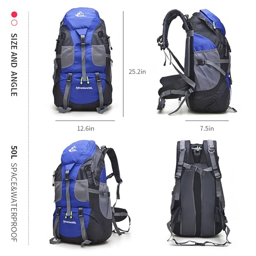 Bseash 50L Hiking Backpack, Water Resistant Lightweight Outdoor Sport Daypack Travel Bag for Camping Climbing Skiing Cycling (Blue - No Shoe Compartment) - color: Blue - No Shoe Compartment