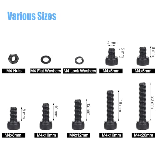 DYWISHKEY 386 Pieces M4 Black Screws, 12.9 Grade Alloy Steel M4x 5/6 /8/10 /12/16 /20mm Hex Socket Head Cap Screws Bolts Nuts Washers Assortment Kit - size: M4, style: Socket Head