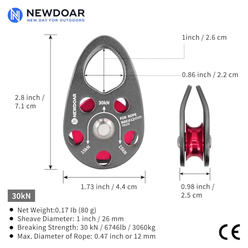NewDoar Micro Mobile Pulley 30KN/6746lb Mobile Single Pulley Cheek Shaped for Max Rope 12mm Rope for Climbing, Rescue Lifting,Hitch Tending (Grey-Pack of 2) - color: Grey-Pack of 2