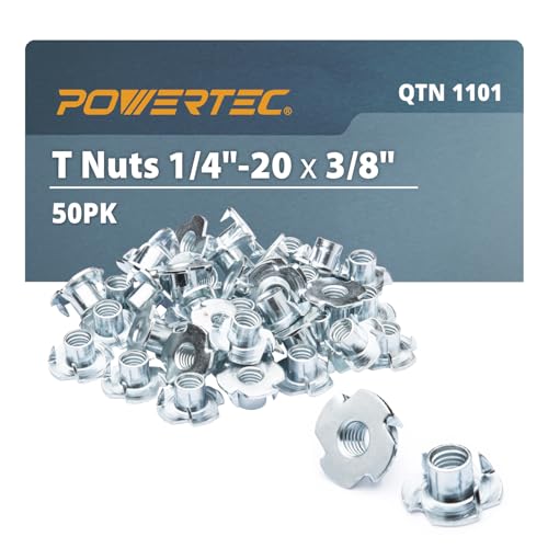 POWERTEC 1/4-20 T Nuts, 50 Pcs | 4 Pronged Tee Nuts for Bolts and Stem Caster Wheels, Threaded Inserts for Wood Working, Rock Climbing Holds and Furniture, for Use with Hammer | 3/8" Length (QTN1101)
