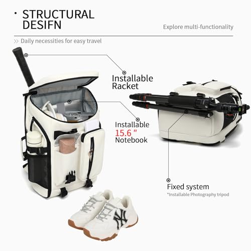 tennis mountain climbing travel backpack, independent shoe compartment for sports and fitness, waterproof 15.6-inch computer bag - color: Almond White