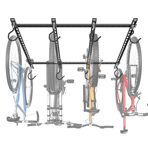 TORACK Ceiling Bike Rack for Garage, Ceiling-Mounted Bicycle Storage Hooks for 4 Bikes (Horizontal) or 8 Bikes (Vertical), Adjustable Overhead Bicycle Hooks for Mountain, Road, and Kids' Bike - style: 4 bikes horizontal