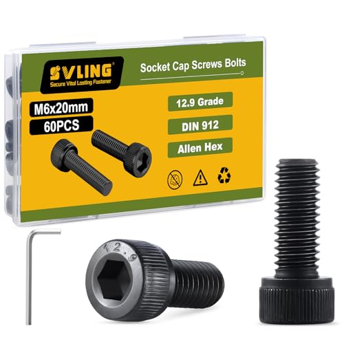 M6-1.0 x 20mm Bolt, 60PCS M6 Hex Socket Head Cap Screws Bolts, 12.9 Grade Alloy Steel, Full Threads, Allen Socket Drive, with Hex Spanner - size: M6x20mm