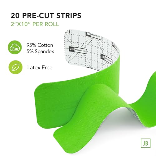 JB Tape Kinesiology Tape, 80 Precut Strips, Green, Latex‑Free, 4 Rolls | 80 Precut Strips, 10-Inch Strips, 4 Rolls - color: Kelly Green