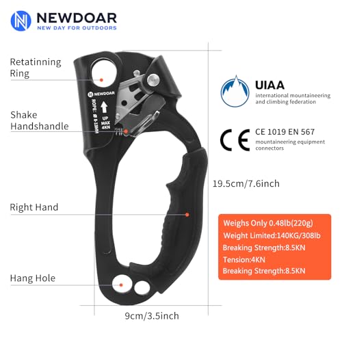 NewDoar UIAA & CE Certified Hand Ascender Rock Climbing Tree Arborist Rappelling Gear Equipment Rope Clamp for 8~13MM Rope - color: Black Pro-Right