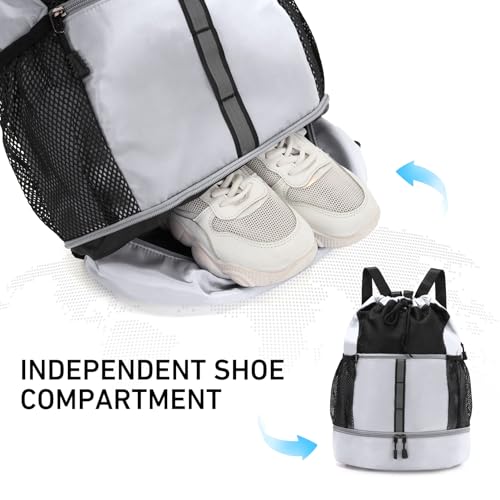 Valleycomfy Drawstring Gym Bag Sports Backpack With Shoe Compartment White | Reflective Strips Top Handle - color: White