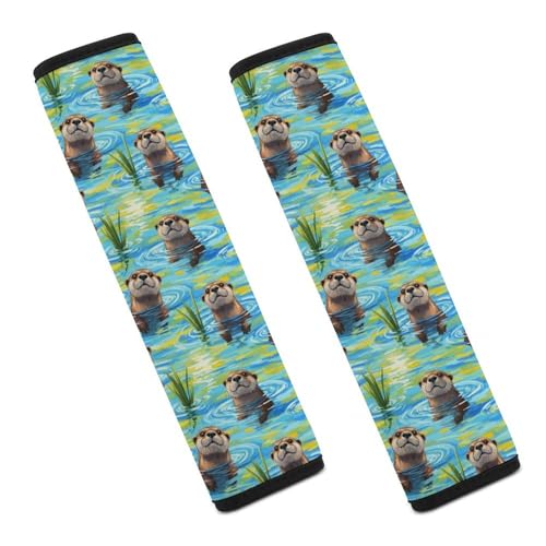 2 Pack Blue Water Scene Cute Otters Seat Belt Cover Universal Fit Shoulder Protector for Adults and Children, Most Cars, Comfortable Driving - color: Pattern 582