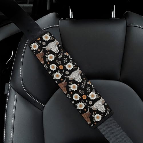 2 Piece Soft Padded Seat Belt Shoulder Pad for Adult Use, All Vehicles, Cute Highland Cow Floral Automotive Seat Belt Protector, Easy Install (No Tool) - color: Pattern 306