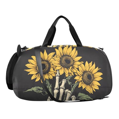 Kids Sports Duffel Bag for Boys & Girls - Skull Hand Skeleton Sunflower 100% Polyester Gym Bag with Separate Shoe Compartment, Adjustable Shoulder Strap, Compact Travel & Workout Gear - color: Skull Hand Skeleton Sunflower