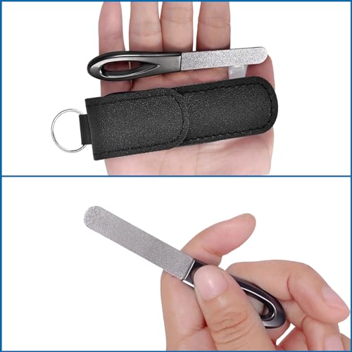 Metal Nail File with Case, 2 Pack Keychain Nail Files for Natural Nails, Fingernail Files Diamond Round Tip Stainless Steel Double Sided Fine Grit Sapphire Filer with Leather Sheath Travel Black - size: 2 Pack 3.6 in Gunmetal/Black Keychain