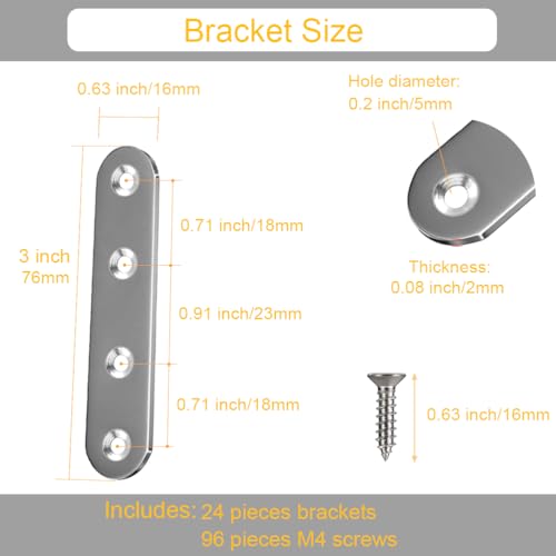 24 Pack Straight Brace Brackets 3 Inch Stainless Steel Flat Mending Plates, Heavy Duty Repair Fixing Joining Brackets for Wood Furniture with Screws, Silver, CAM-S8016-24 - size: 3 inches (24 Pieces)