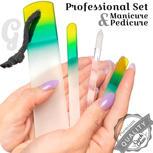 Genuine Czech Glass Nail File Set - Callus Remover Foot Rasp, Cuticle Pusher Manicure Stick, Double Sided Etched Different Grit Surface, Professional Nail Care Tool, Made in EU - color: All-in-one Set - Lemon Green