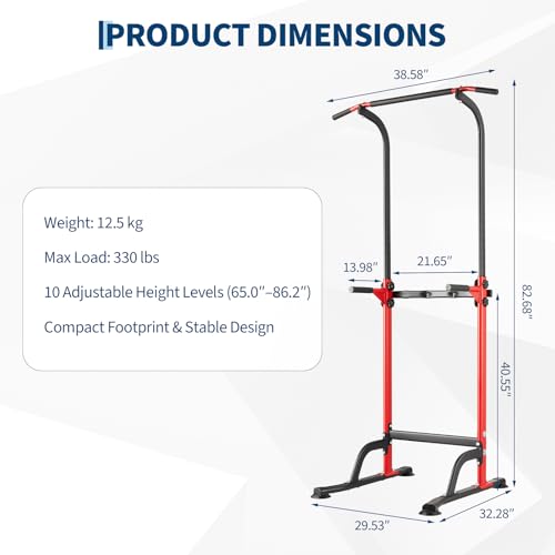 Power Tower Pull Up Bar Station - 330 LBS Stable Multi-Function Gym Dip Station for Home Strength Training Equipment - 10 Adjustable Heights Heavy Duty Pull-Up Tower with h-Shaped Base & Push-Up - color: Red