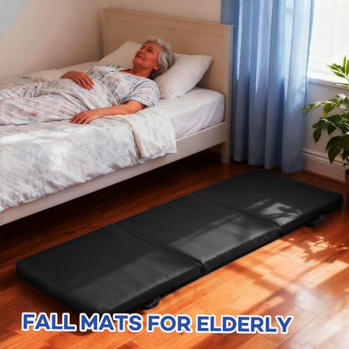 JZHLLA Foldable Fall Protection Mat for Elderly Blue Waterproof Non Slip Floor Mats with High-Resilience Foam 72 * 24 * 2 Inch Bedside Floor Mats for Elderly, Handicap, Senior(Black) - size: 72 x 24 x 2 inches