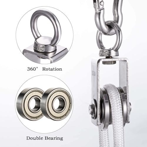Cable Pulley Block Stainless Steel Swivel with 32FT Rope and Hook,for Garage,Attic,Kayak,Deer Hanging,Gym Equipment,550LB Lifting, 2 Pack