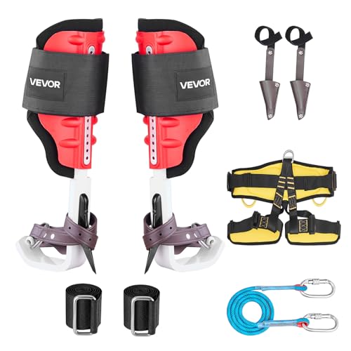 VEVOR Tree Climbing Spikes Set, 1 Pair Height-Adjustable Climbing Spurs with Security Harness and Utility Rope, 350lbs Load Capacity Tree Climbing Gear, Arborist Equipment for Climbers, Fruit Picking - color: Red