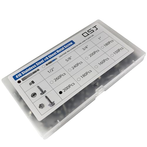 QSJ 200PCS Sheet Metal Screws Assortment Kit Hex Washer Head Truss Head 410 Stainless Steel Fast Self Tapping Screws with Screwdriver Bit Silver - color: Hex & Truss #8 Kit 2（200）