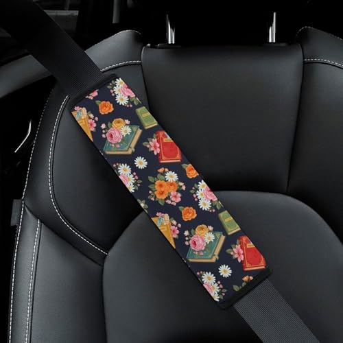 2PCS Readers Librarian Reading Flowers Book Car Seat Straps Shoulder Pads Universal Soft and Comfortable Seat Belt Covers Cushion for Child, All Vehicles, Shock Absorption - color: Pattern 493