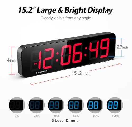 15.2" Gym Timer, App & Remote Control, Customizable LED Colors, Wall Clock | Large Digital Wall Clock, Count Down & Up, Stopwatch,Custom Intervals (P1-P9), Tabata, EMOM, AMRAP, Interval Workout Timer