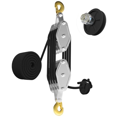 YATOINTO Rope Hoist Pulley System, 4400LB Pulley Block and Tackle, 8:1 Ratio Lifting Power 65ft, Heavy Duty Pulley Block for Hunting Lifting Heavy Objects Garage Warehouses Building - color: black, size: UPGRADED-4wheels