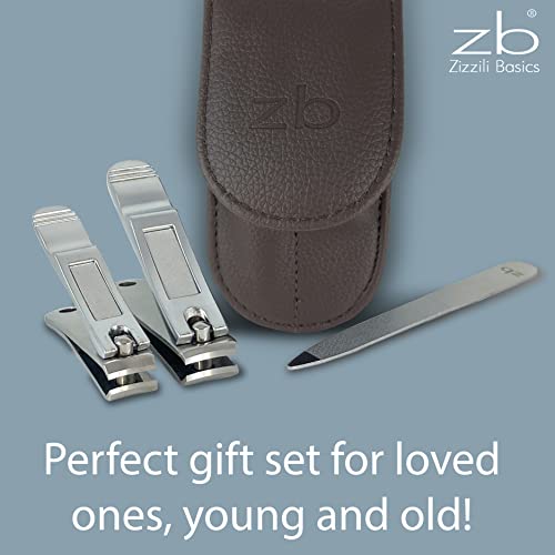 Nail Clippers by Zizzili Basics - 3 Piece Nail Clipper Set - Stainless Steel Fingernail & Toenail Clippers with Nail File and Brown Travel Case - Best Nail Care for Men, Women, Manicure & Pedicure - color: Brown Case