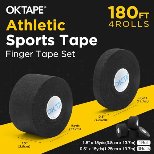 OK TAPE Athletic Tape Finger Tape 3 Rolls 1.5" x 15yds and 1 Roll 0.5in x 15yds | Strong Adhesive Hand Grip and Finger Wrap Tape for Weightlifting, Climbing, Basketball, Volleyball, Black - color: Black, size: 1.5" x 15yards-3rolls and 0.5in x 15yards-1ro