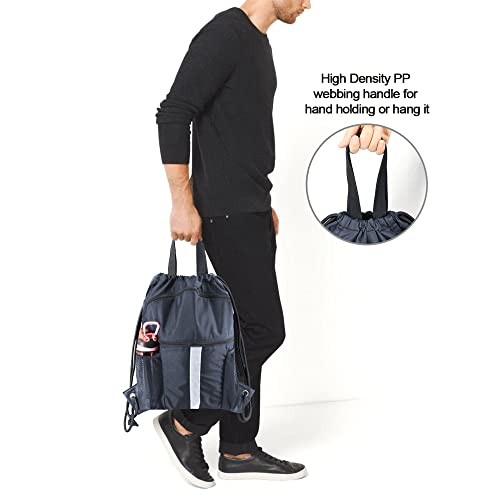 BeeGreen Drawstring Backpack Bag with Shoe Compartment, X-Large Black Gym Sports String Cinch Backpack - color: Navy