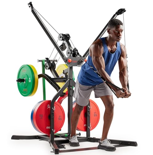 Sunny Health & Fitness All-in-One Pulley Cable Home Gym Strength Trainer | Resistance Band Holder, Foot Plate, Adjustable Angles, Olympic Plate Ready, Bi-Directional Cables, Full Range Motion