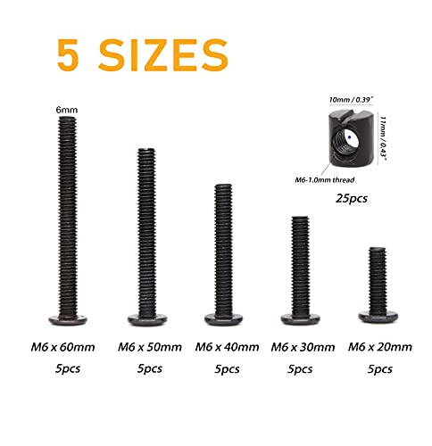 50pcs Crib Hardware Screws, M6 x 20mm/ 30mm/ 40mm/ 50mm/ 60mm Black Hex Socket Cap Bolts Barrel Nuts Assortment Kit for Cot Crib Bed Chairs - size: M6 x 20/30/40/50/60mm (50 pcs)