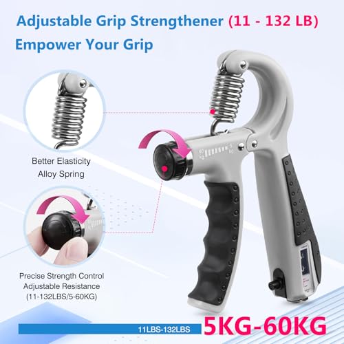 Grip Strength Trainer Kit Adjustable 10-132Lbs Hand Exerciser Counter | Forearm Strengthener, Finger Stretcher, Stress Ball and Bag for Grip Recovery, Wrist Training, Rehab, Climbers and Musicians - color: Gray