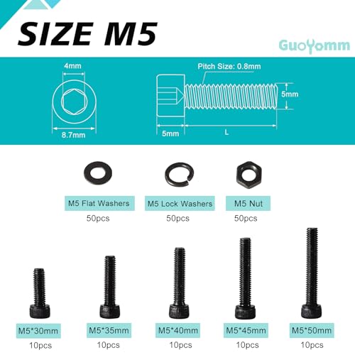 200 PCS M5 x 30mm 35mm 40mm 45mm 50mm, Hex Socket Head Cap Screws Bolts Washers Nuts Assortment Kit, 12.9 Grade Alloy Steel, Black Oxide Finish, Metric Allen Drive - size: Socket M5x30/35/40/45/50 mm