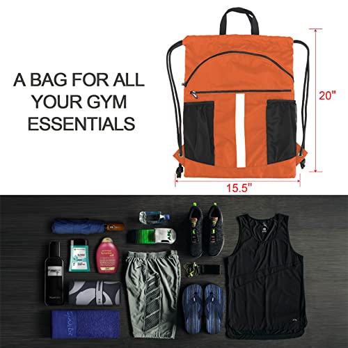 BeeGreen Drawstring Backpack Bag with Shoe Compartment, X-Large Black Gym Sports String Cinch Backpack - color: Orange