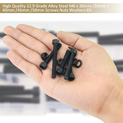 82 Pieces Black M6 x 30/35 /40/45 /50 mm Hex Socket Head Cap Screws Nuts Washers Assortment Kit, 12.9 Grade Alloy Steel - size: M6 x 30/35/40/45/50mm, style: Socket Head