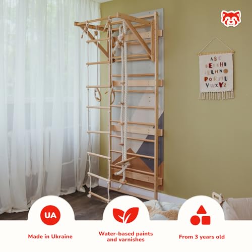 Wood And Hearts Indoor Swedish Ladder Wall Gym for Kids Active Play - Adjustable Pull-Up Bar with Rope Accessories & Decorative Panels (Climbing Module 1, 4in1 Rope Bundle) - size: Climbing Module 1